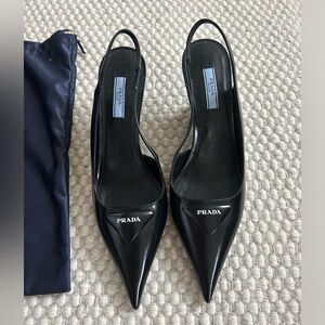 Authentic Prada Brushed Leather Logo Slingbacks with Cutout Wedge size 39.5